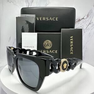 CLASSY NEW Versace Sunglasses Black Gold Medusa Logo Chain Arms Authentic